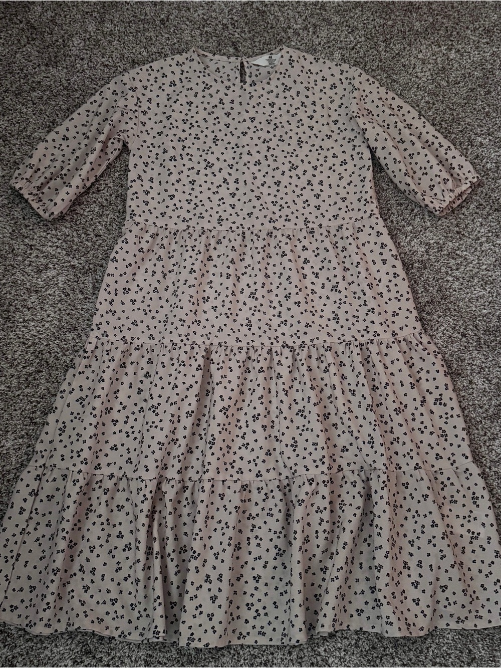 H&M Girls 11-12Y Cream Black Ditsy Floral Tiered Woven Dress